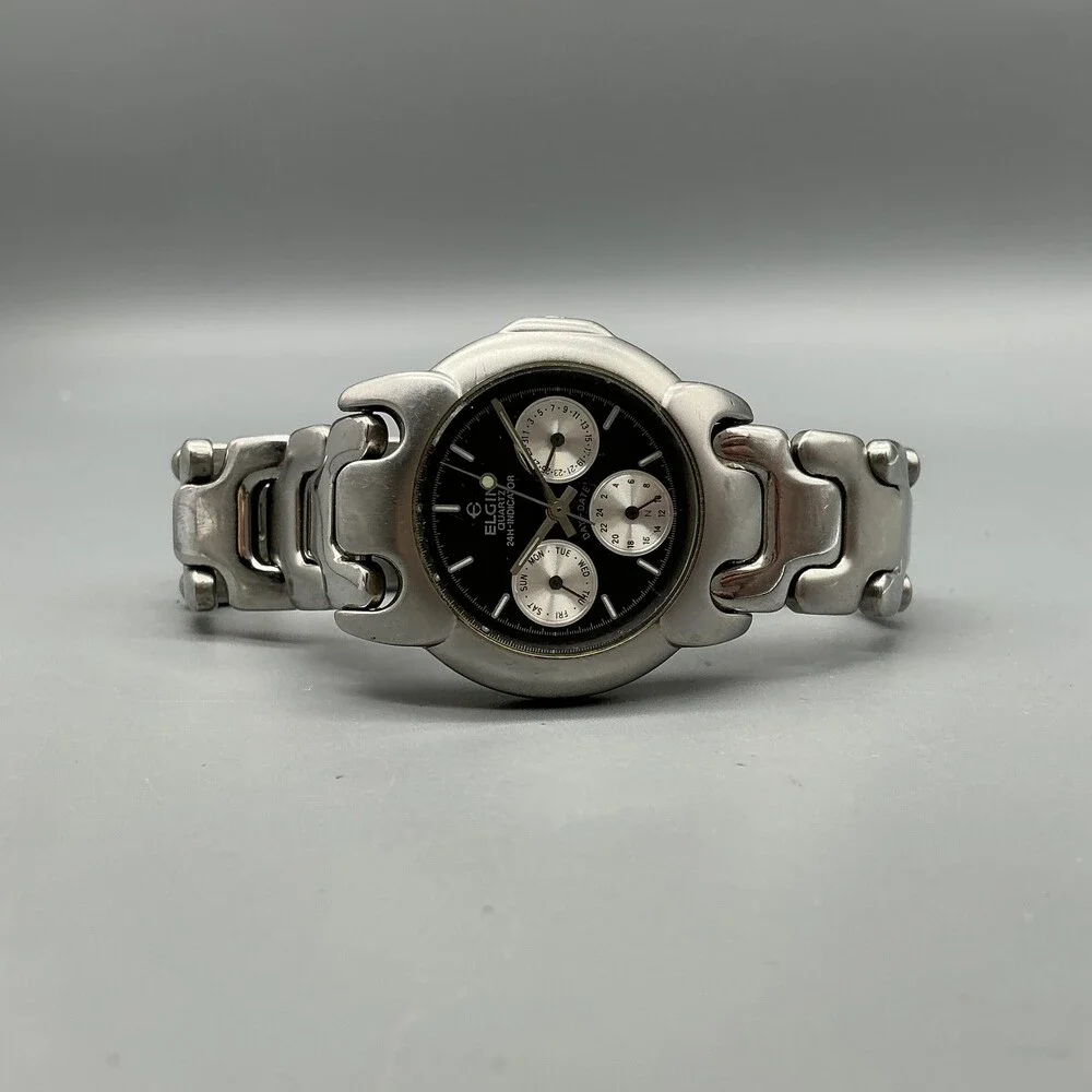 Vtg Elgin Unisex Watch 35mm Black Dial Stainless Multifunction New Battery 6.5